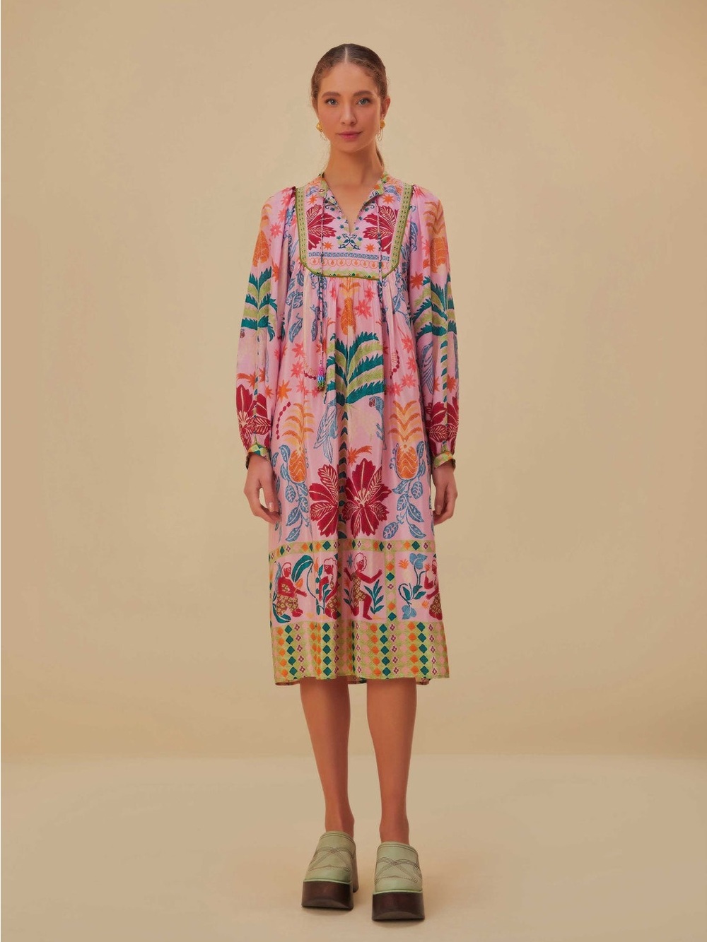 FARM RIO Pink Fruits Queen Scarf Midi
Dress Boho Floral Tropical XL Beaded Flowy - Picture 4 of 15